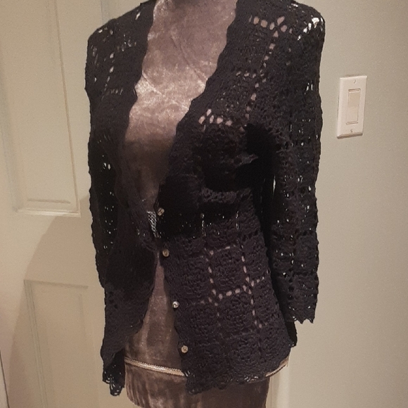 J. Jill Black🖤Crochet Sweater/Cardigan Size XS Lots of Stretch - Picture 7 of 8